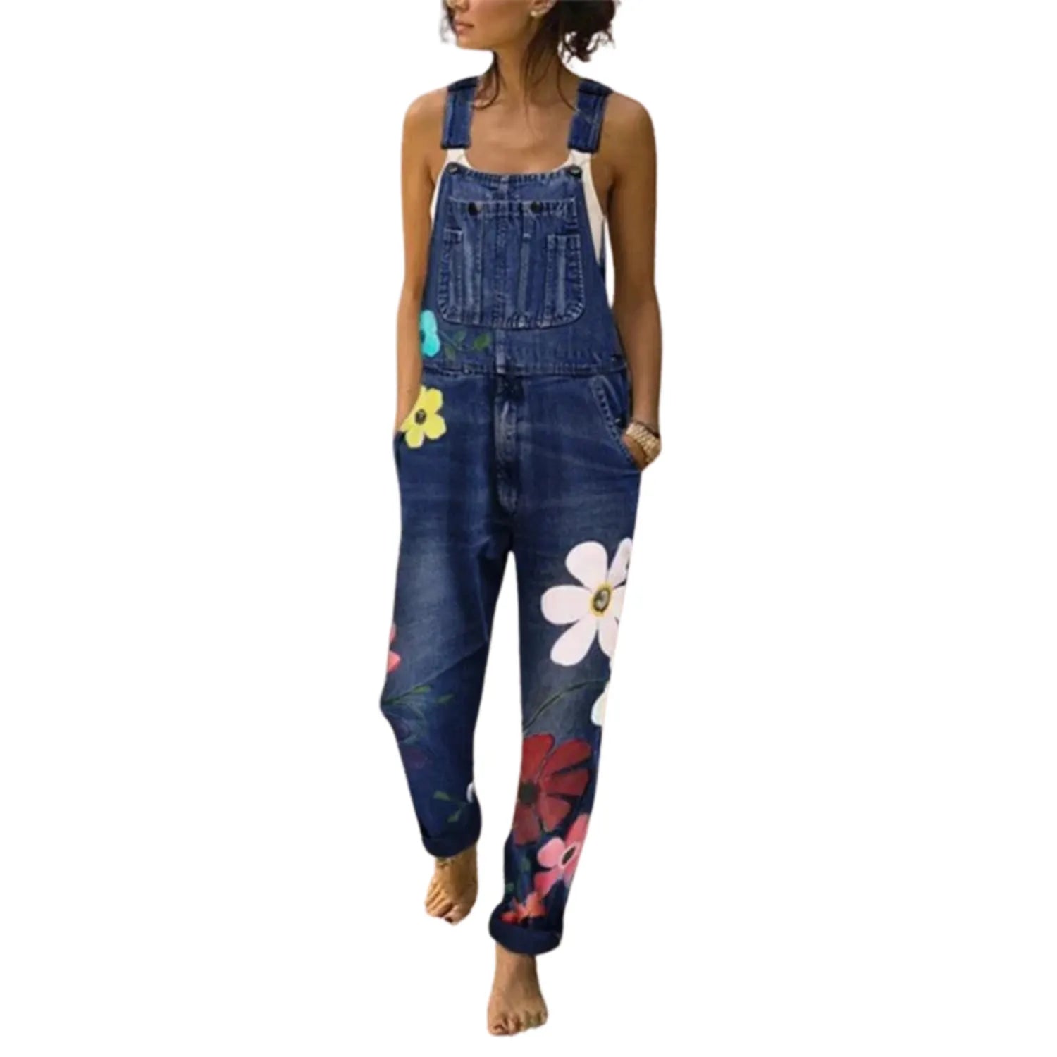 salopette en denim femme motifs floraux