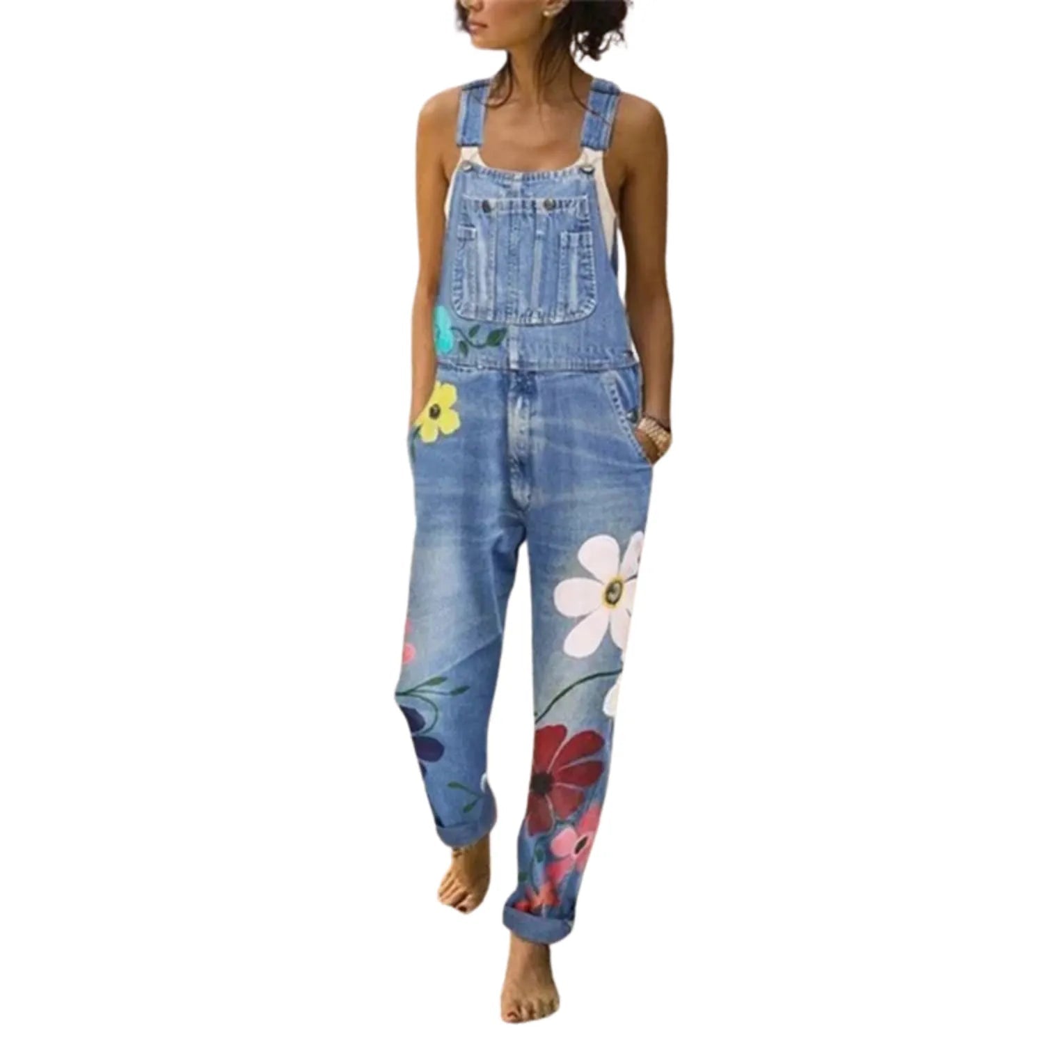 salopette fleurie en denim pour femme
