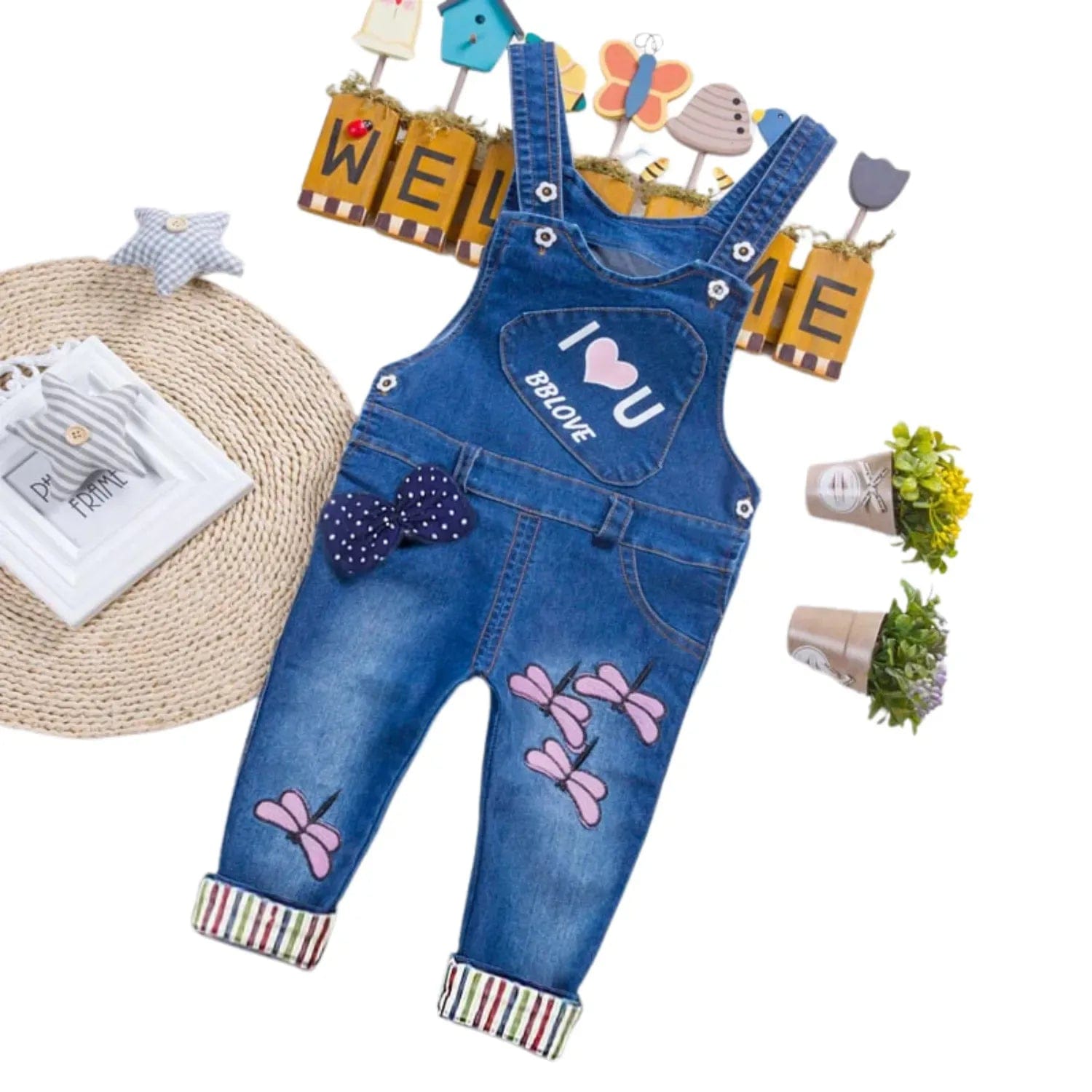 salopette enfant jean papillons pompons