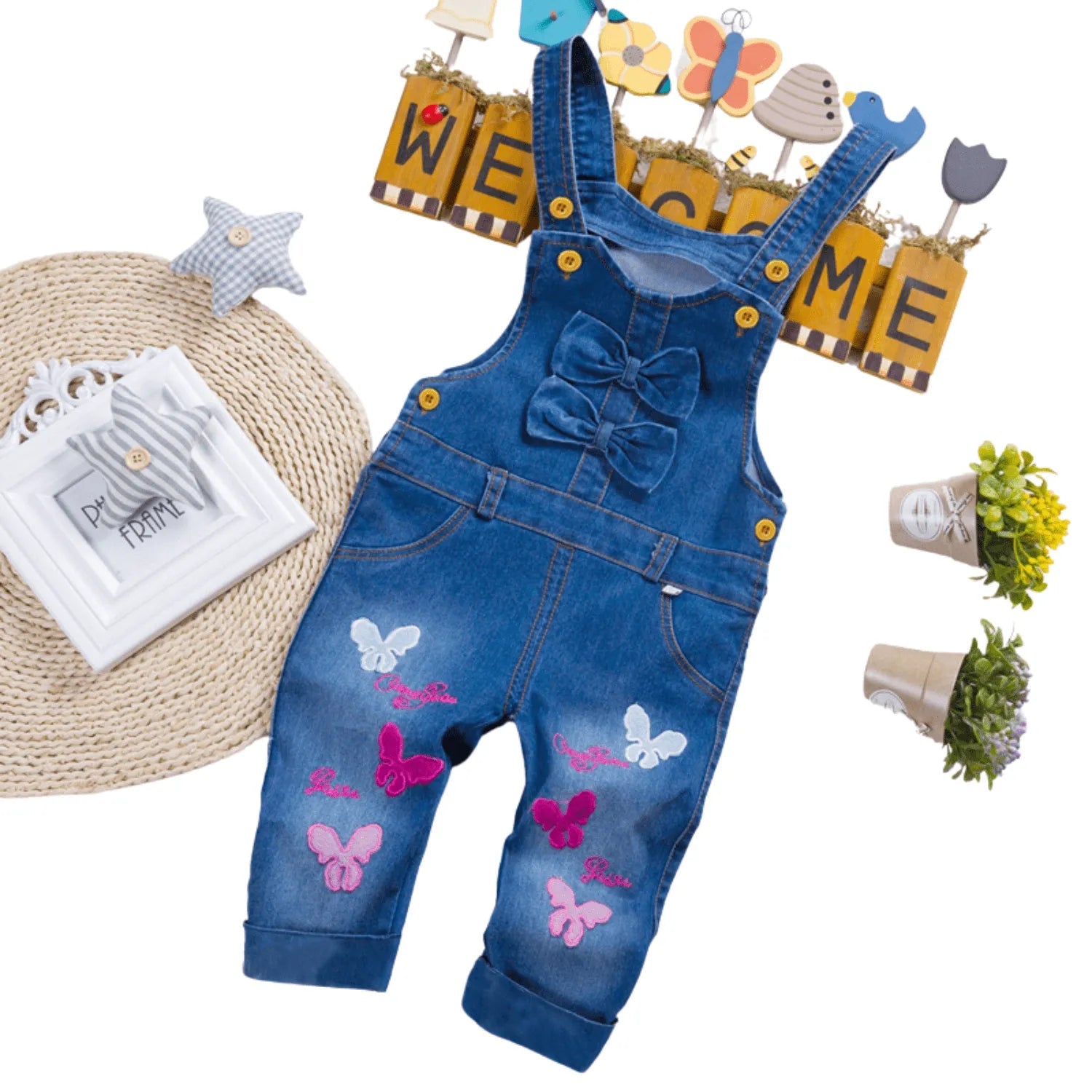 salopette enfant denim papillons pompons