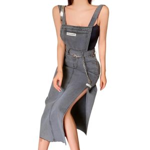 salopette robe grise en jean pour femme